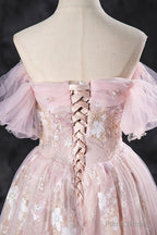 Lovely A-Line Off the Shoulder Sequins Prom Dress, Pink Tulle Corset Floor Length Evening Dress