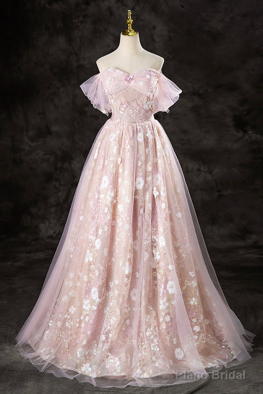 Lovely A-Line Off the Shoulder Sequins Prom Dress, Pink Tulle Corset Floor Length Evening Dress Main image