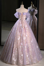 Lovely A-Line Off the Shoulder Sequins Prom Dress, Purple Tulle Corset Floor Length Evening Dress