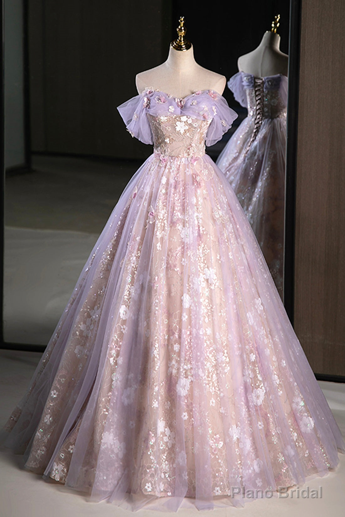 Lovely A-Line Off the Shoulder Sequins Prom Dress, Purple Tulle Corset Floor Length Evening Dress
