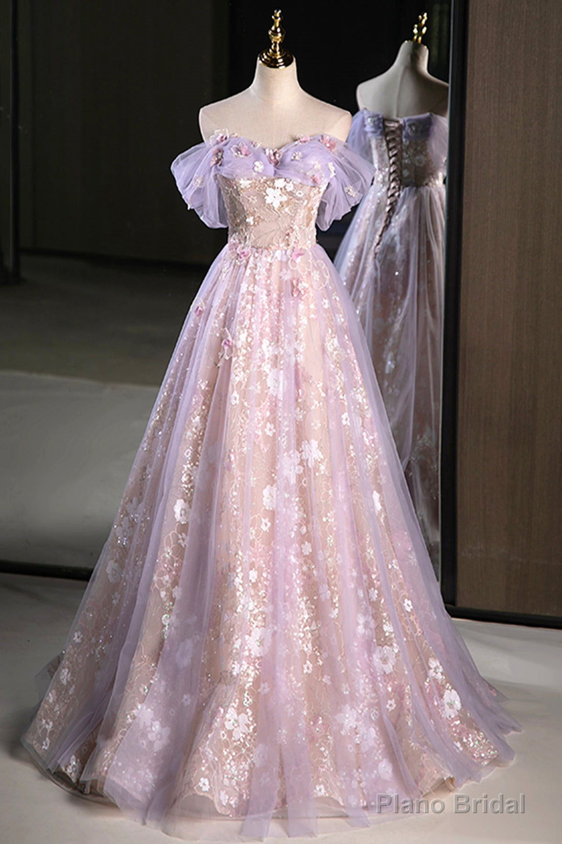 Lovely A-Line Off the Shoulder Sequins Prom Dress, Purple Tulle Corset Floor Length Evening Dress Secondary image