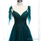 Lovely A-line Straps Tulle Teal Blue Long Evening Dress Prom Dress, A-line Formal Dresses