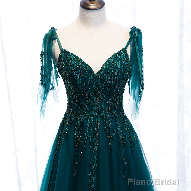 Lovely A-line Straps Tulle Teal Blue Long Evening Dress Prom Dress, A-line Formal Dresses