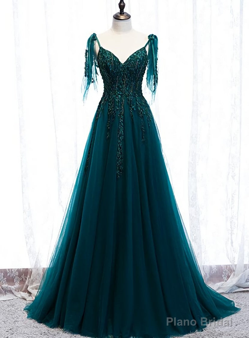 Lovely A-line Straps Tulle Teal Blue Long Evening Dress Prom Dress, A-line Formal Dresses