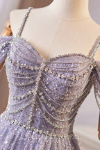 Lovely A-Line Tulle Sequins Floor Length Formal Prom Dresses, Off The Shoulder Evening Party Dresses