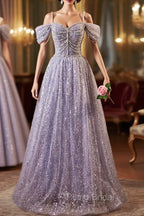 Lovely A-Line Tulle Sequins Floor Length Formal Prom Dresses, Off The Shoulder Evening Party Dresses