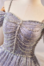 Lovely A-Line Tulle Sequins Knee Length Formal Prom Dresses, Off The Shoulder Evening Party Dresses