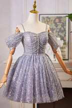 Lovely A-Line Tulle Sequins Knee Length Formal Prom Dresses, Off The Shoulder Evening Party Dresses