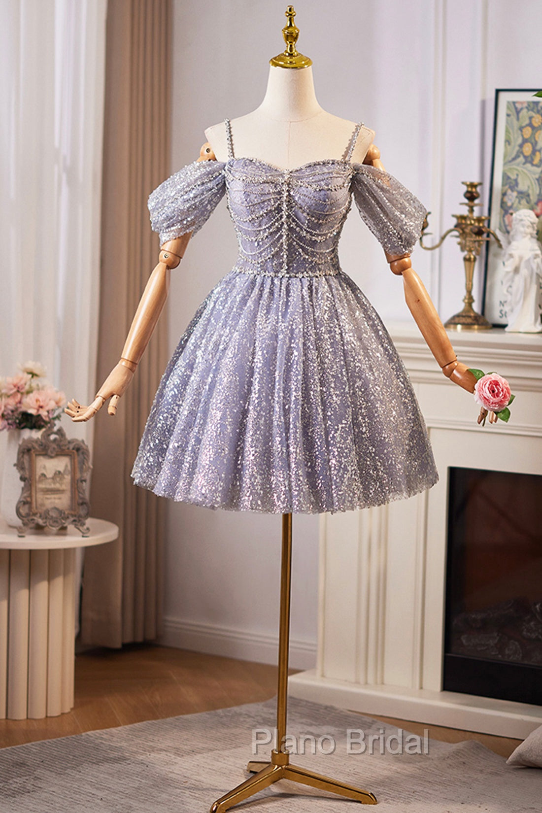 Lovely A-Line Tulle Sequins Knee Length Formal Prom Dresses, Off The Shoulder Evening Party Dresses