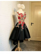 Lovely Black High Low Homecoming Dresses With Floral Lace, Party Dresses