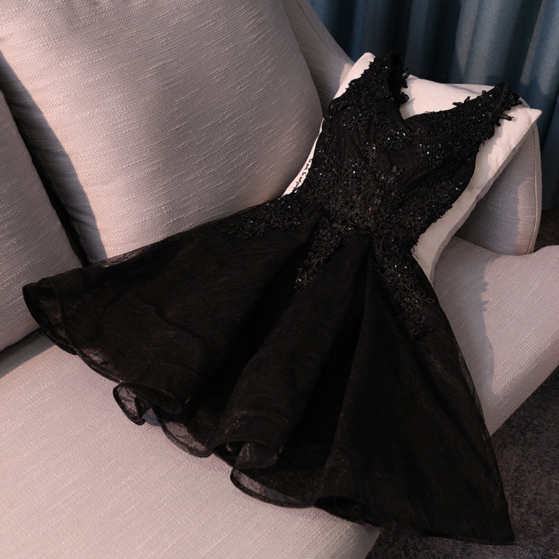 Lovely Black Lace V-Neckline Short Homecoming Dresses, Black Party Dresses