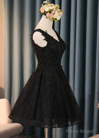 Lovely Black Lace V-neckline Short Homecoming Dress, Black Party Dress