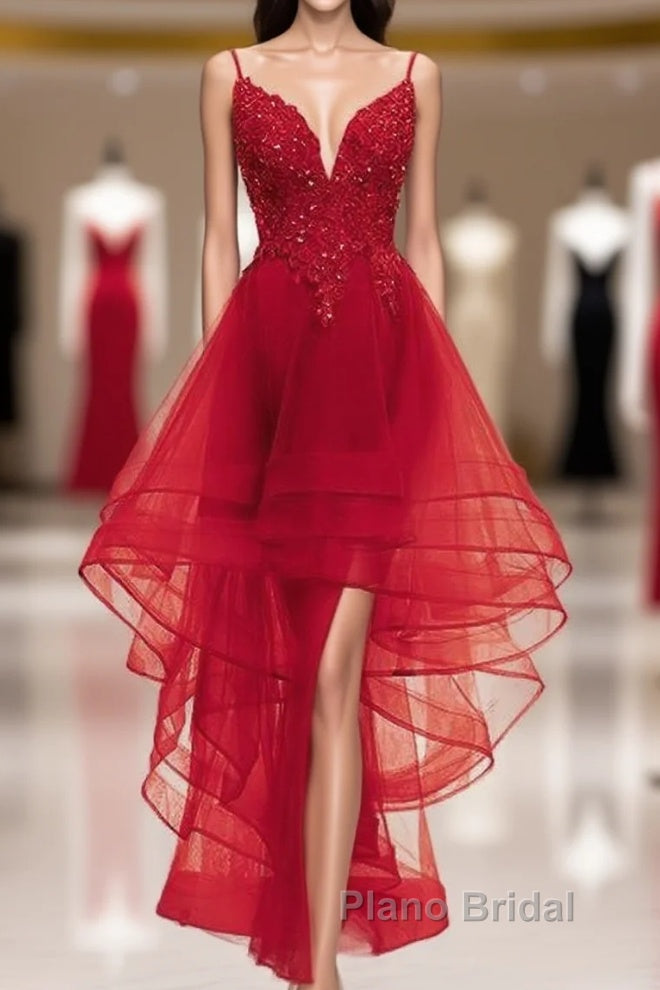 Lovely Blue High Low V-Neckline Straps Party Dresses, New Straps Formal Prom Dresses Main image