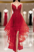 Lovely Blue High Low V-Neckline Straps Party Dresses, New Straps Formal Prom Dresses