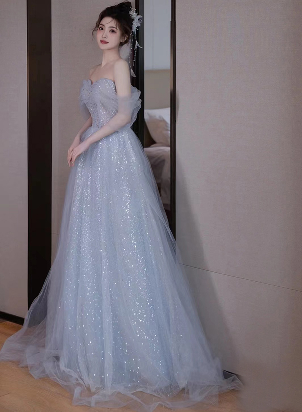 Lovely Blue Tulle Off Shoulder Beaded Party Dresses, A-Line Tulle Blue Wedding Party Dresses Secondary image