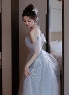 Lovely Blue Tulle Off Shoulder Beaded Party Dresses, A-Line Tulle Blue Wedding Party Dresses