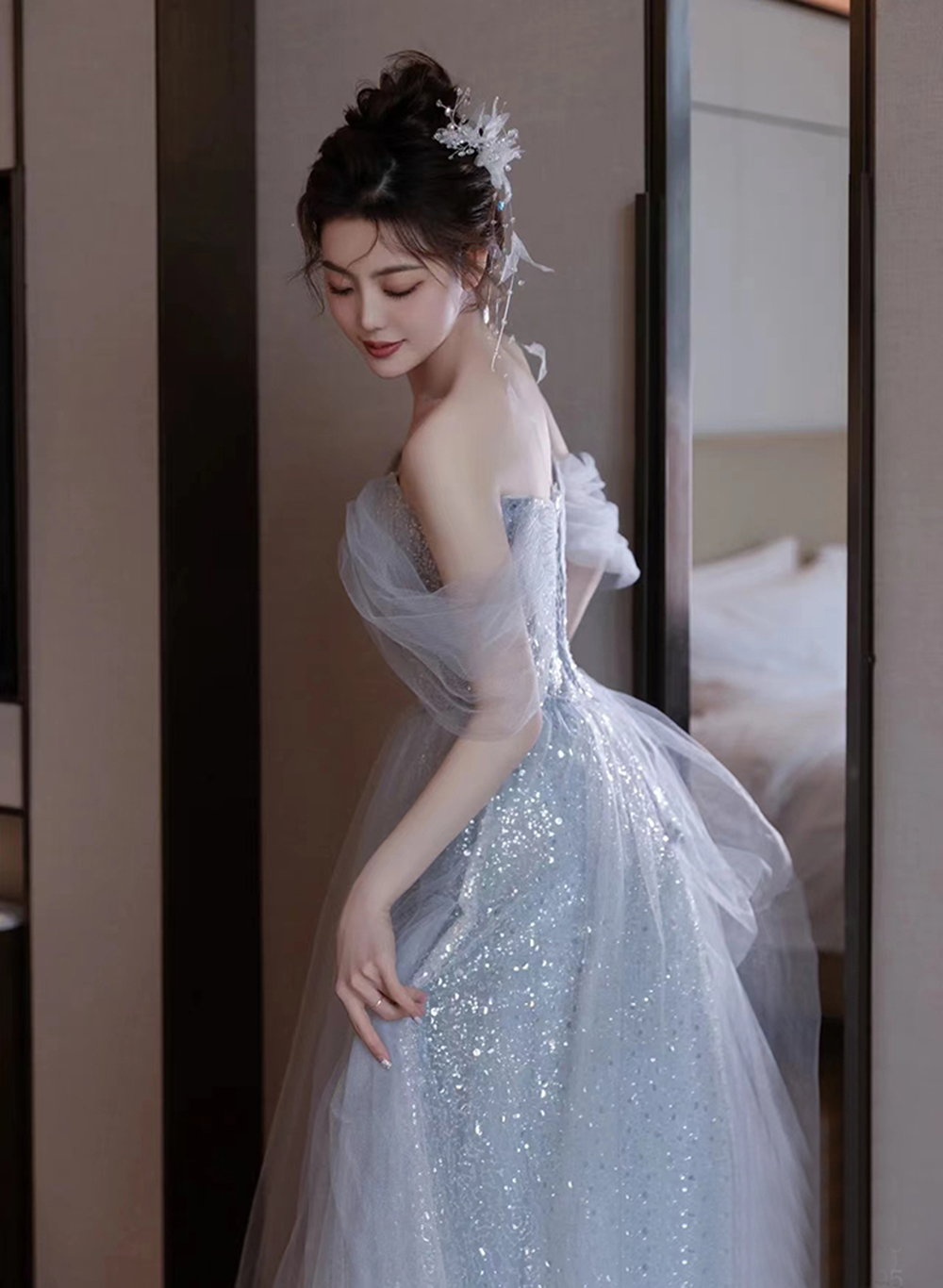 Lovely Blue Tulle Off Shoulder Beaded Party Dresses, A-Line Tulle Blue Wedding Party Dresses