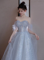 Lovely Blue Tulle Off Shoulder Beaded Party Dresses, A-Line Tulle Blue Wedding Party Dresses