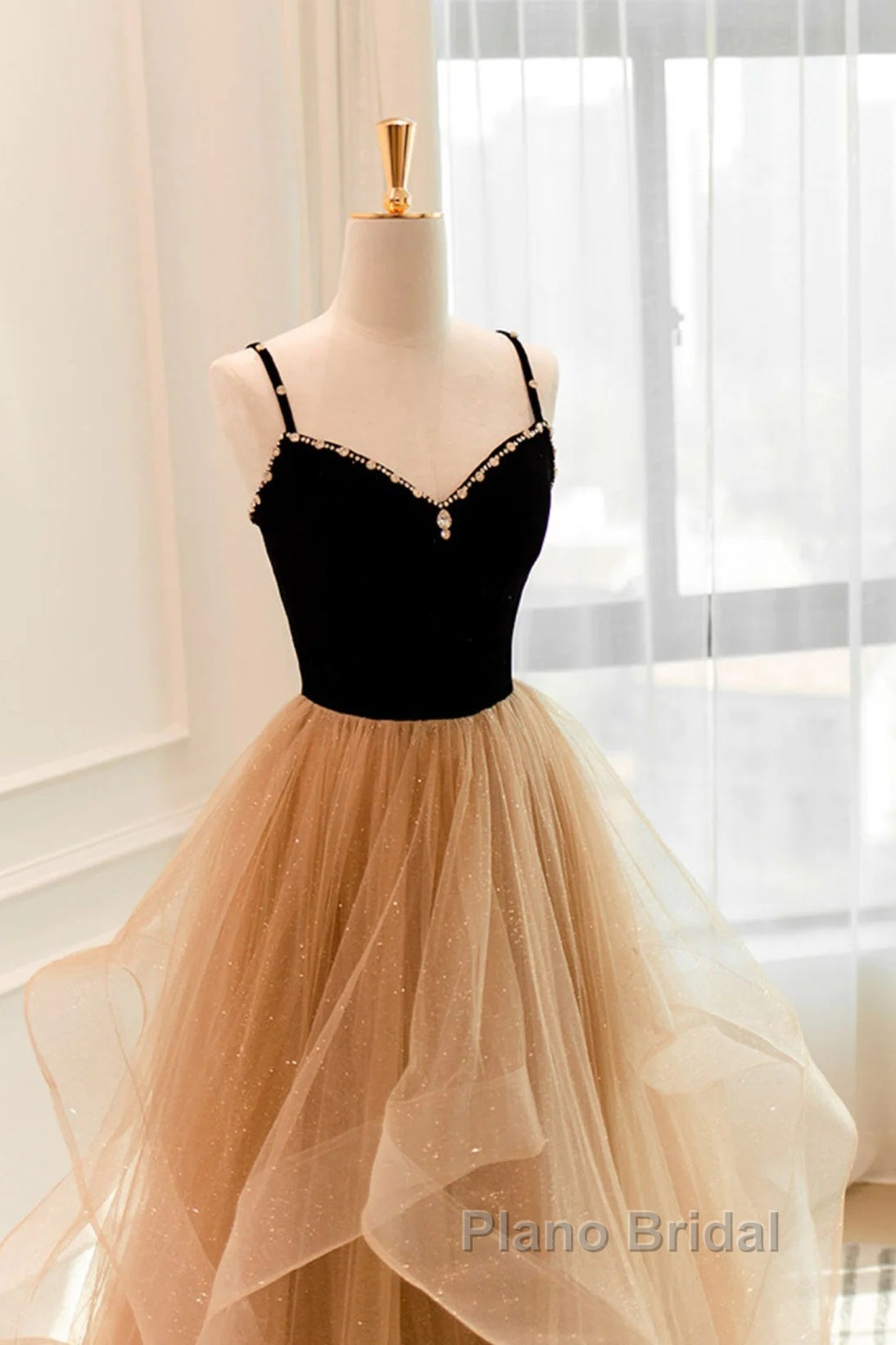 Lovely Champagne A-Line Beaded Strap Party Dresses, Tulle Layers Long Formal Prom Dresses Secondary image