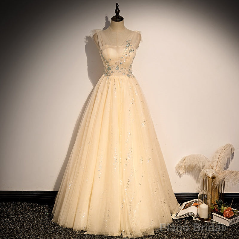 Lovely Champagne Sequins Long Party Dress, A-line Tulle Formal Dress Main image