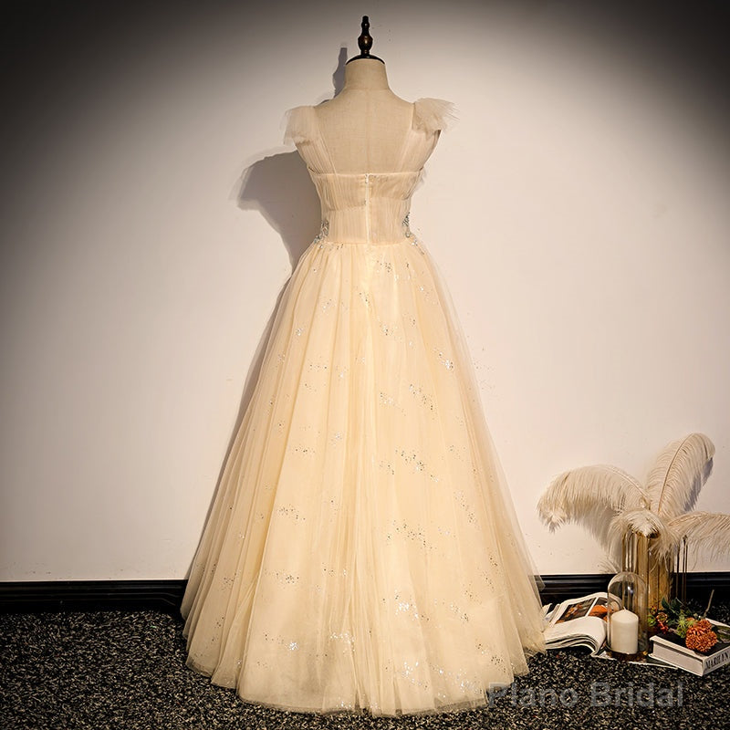 Lovely Champagne Sequins Long Party Dress, A-line Tulle Formal Dress