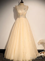 Lovely Champagne Sequins Long Party Dress, A-line Tulle Formal Dress