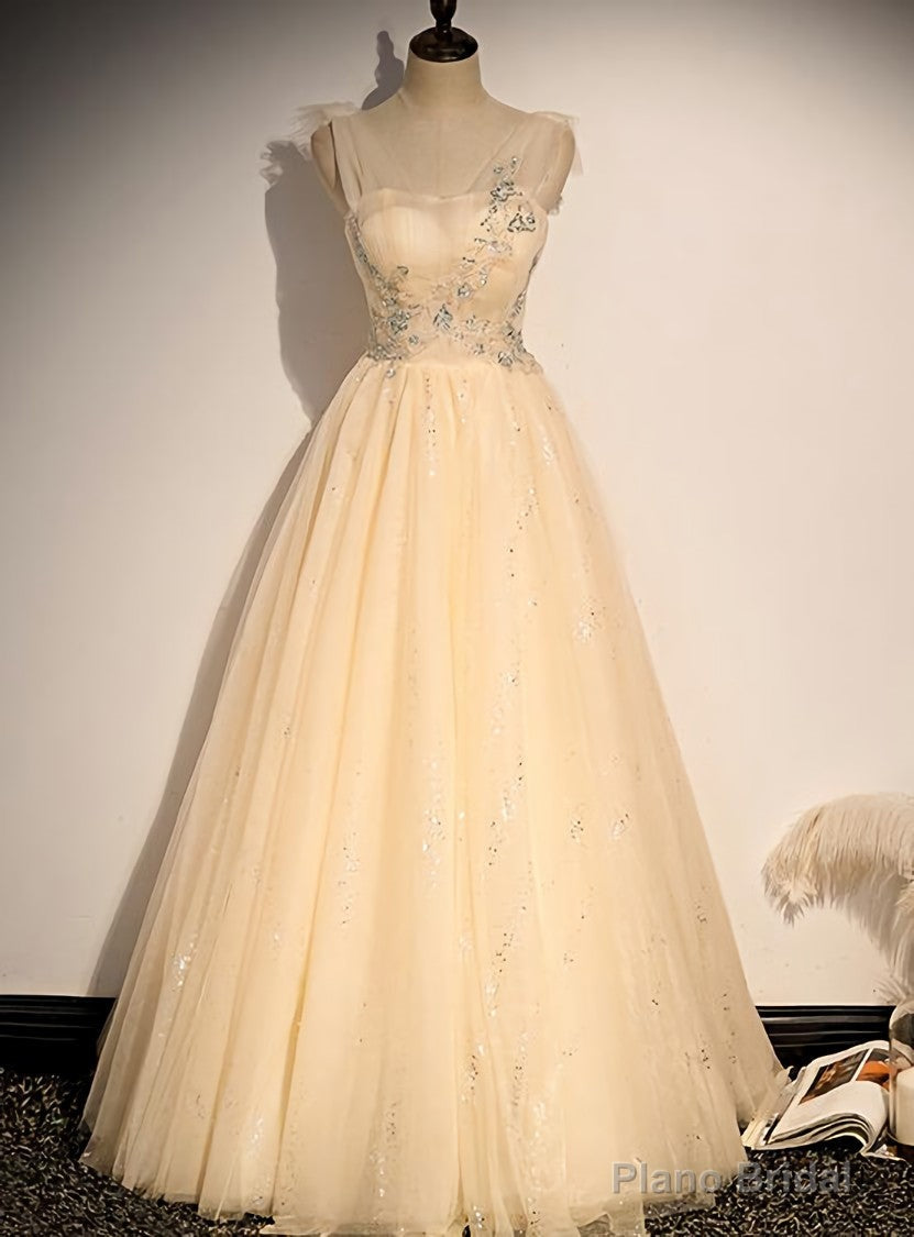 Lovely Champagne Sequins Long Party Dress, A-line Tulle Formal Dress