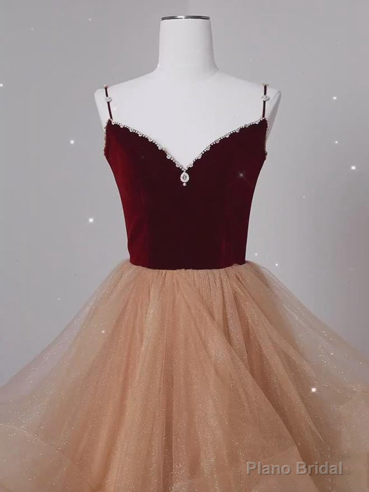 Lovely Champagne Tulle and Wine Red Velvet Straps Prom Dress, A-line Long Party Dress Secondary image