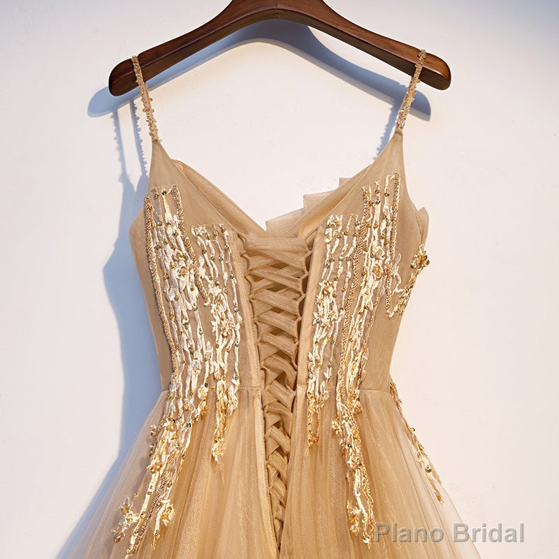 Lovely Champagne Tulle with Lace Long Formal Dress, Champagne Prom Dress