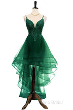 Lovely Dark Green High Low Chic Party Dresses Formal Prom Dresses, V-Neckline Straps Homecoming Dresses