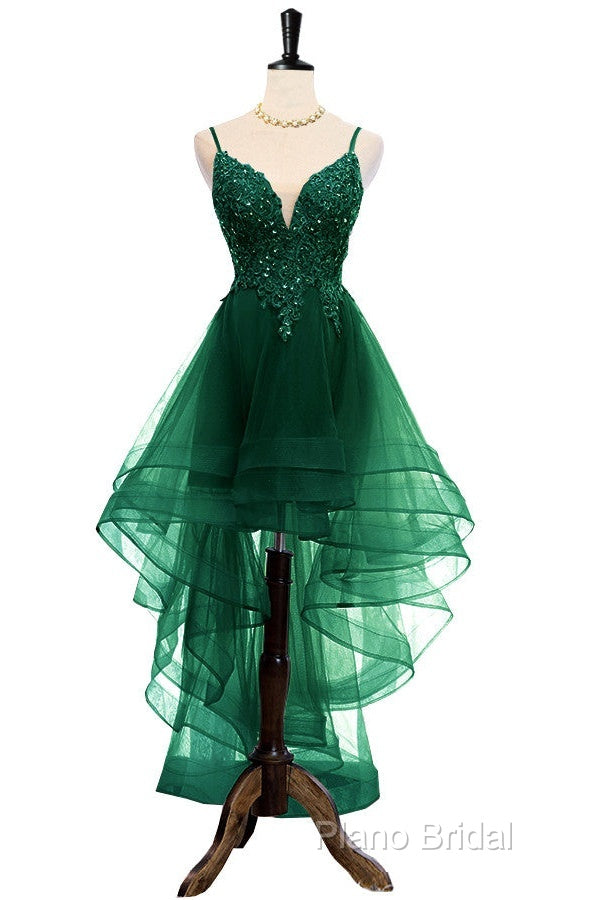 Lovely Dark Green High Low Chic Party Dresses Formal Prom Dresses, V-Neckline Straps Homecoming Dresses