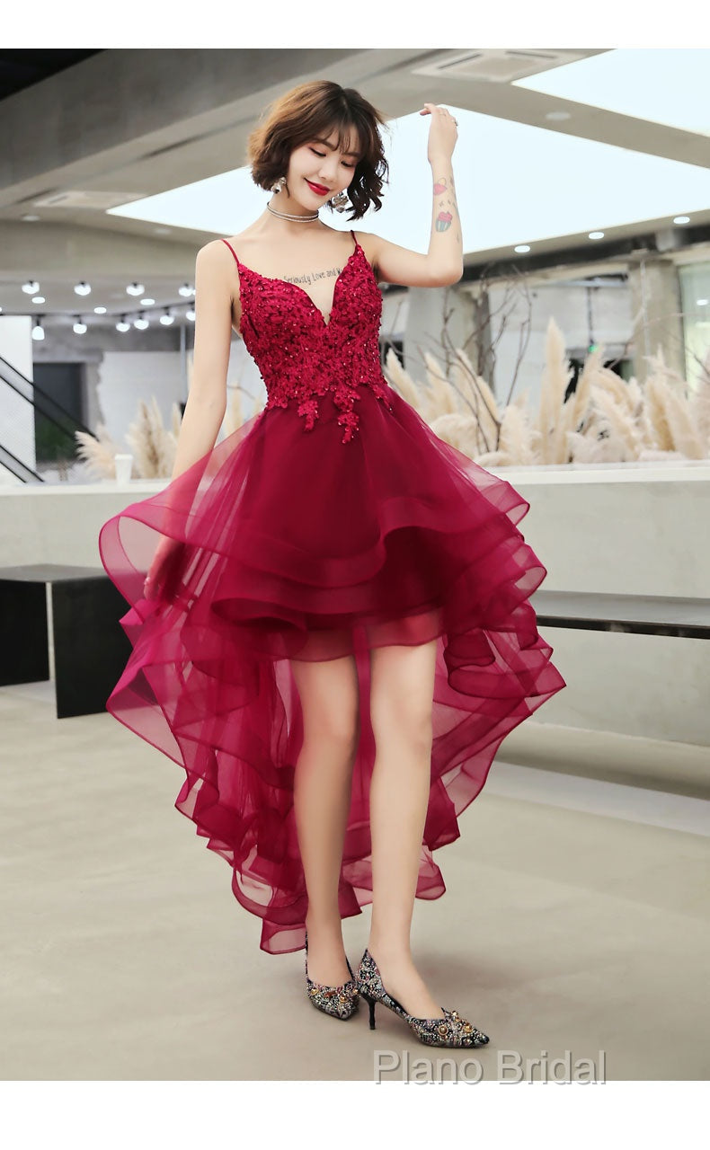 Lovely Dark Green High Low Chic Party Dresses Formal Prom Dresses, V-Neckline Straps Homecoming Dresses