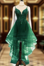Lovely Dark Green High Low Chic Party Dresses Formal Prom Dresses, V-Neckline Straps Homecoming Dresses