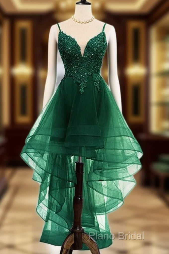 Lovely Dark Green High Low Chic Party Dresses Formal Prom Dresses, V-Neckline Straps Homecoming Dresses