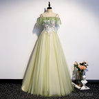 Lovely Flowers Off Shoulder Tulle Long Party Dress, A-line Tulle Light Green Prom Dress