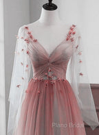 Lovely Gradient A-Line Tulle Long Sleeves Party Dresses, Gradient Formal Prom Dresses