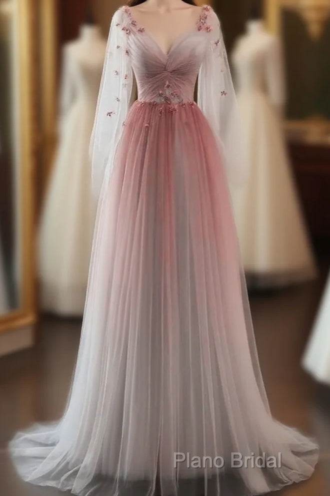 Lovely Gradient A-Line Tulle Long Sleeves Party Dresses, Gradient Formal Prom Dresses Main image