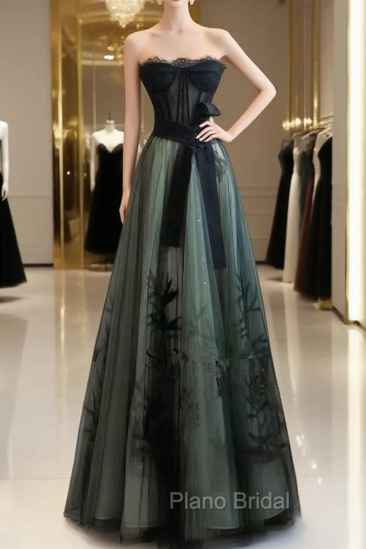 Lovely Green And Black Sweetheart Long Evening Dresses, A-Line Formal Prom Dresses Party Dresses