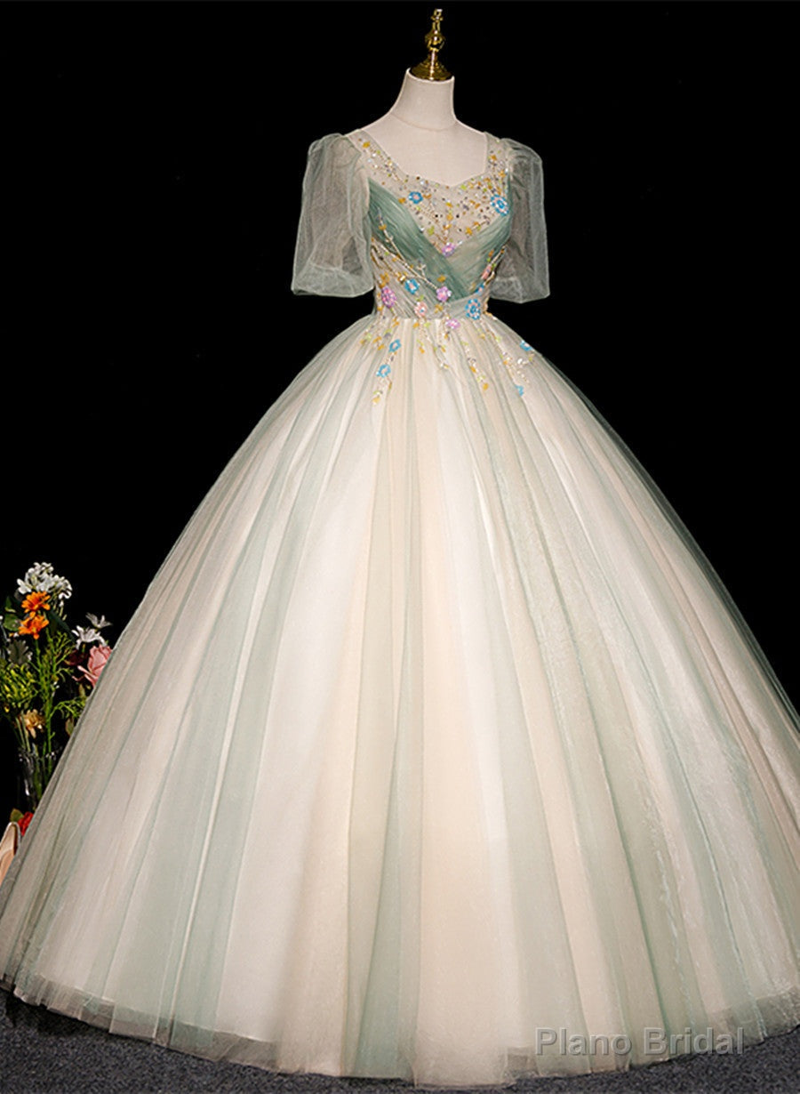 Lovely Green and Champagne Tulle Long Formal Dress, Ball Gown Party Dress Main image