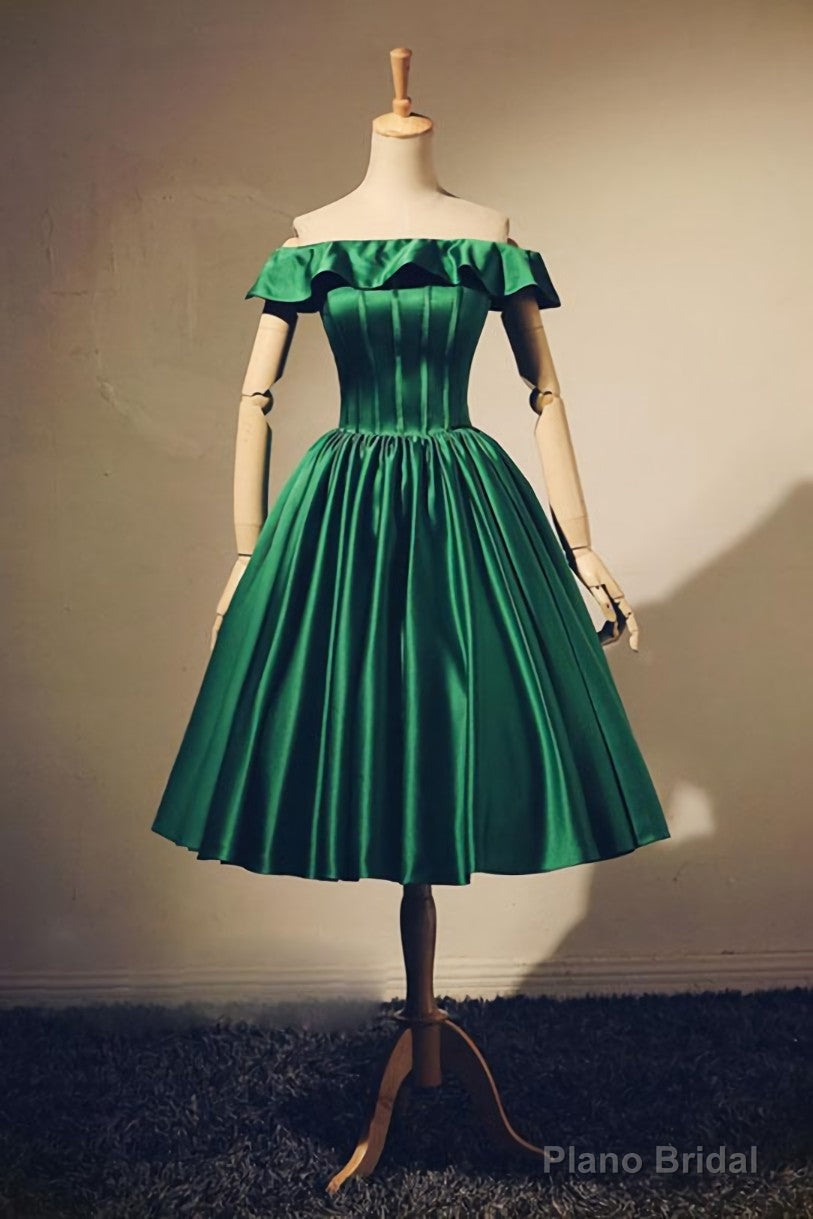 Lovely Green Satin Off Shoulder Knee Length Homecoming Dress, Short Prom Dress Secondary image