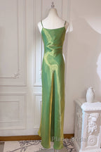 Lovely Green Straps Long Formal Dresses, Green Satin Party Dresses Evening Dresses