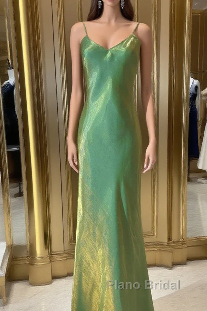 Lovely Green Straps Long Formal Dresses, Green Satin Party Dresses Evening Dresses Main image
