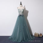 Lovely Green Tulle Lace Top Long Strapless Handmade Prom Dress,Tulle Evening Dress Party Dress