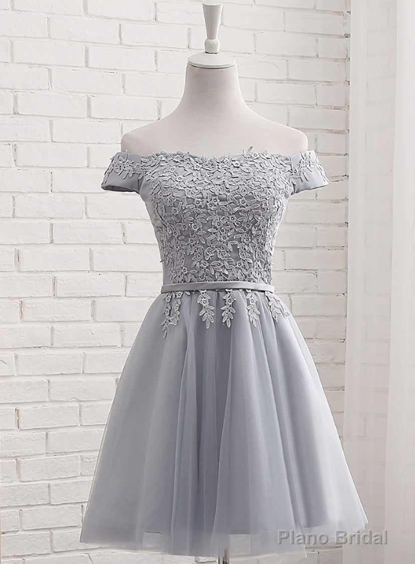 Lovely Grey Short Tulle Party Dress with Lace Applique, Bridesmaid Dresses  Cute Formal Dress Secondary image