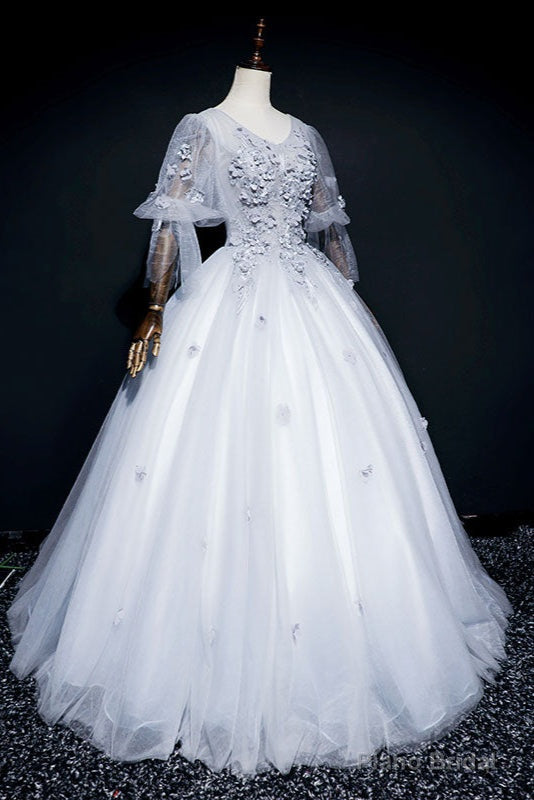 Lovely Grey Tulle Puffy Sleeves with Lace Long Formal Dress, Sweet 16 Dresses Main image