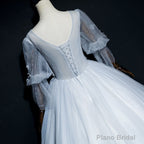 Lovely Grey Tulle Puffy Sleeves with Lace Long Formal Dress, Sweet 16 Dresses