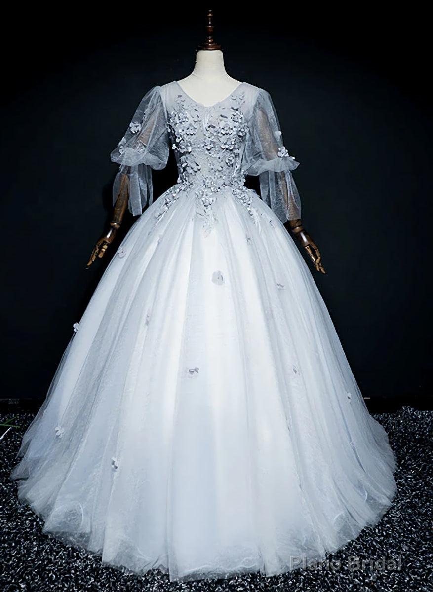 Lovely Grey Tulle Puffy Sleeves with Lace Long Formal Dress, Sweet 16 Dresses Secondary image