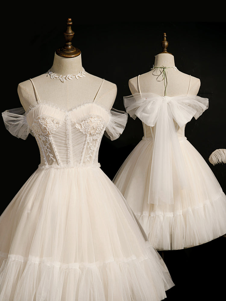 Lovely Ivory Tulle Straps Sweetheart Homecoming Dresses With Bow, Short Formal Prom Dresses Party Dresses