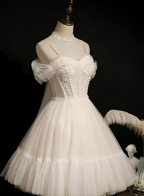 Lovely Ivory Tulle Straps Sweetheart Homecoming Dresses With Bow, Short Formal Prom Dresses Party Dresses