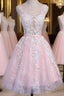 Lovely Junior Pink White Lace Appliques Lace Up Back Sleeveless Homecoming Dresses